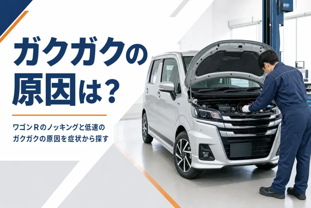 整備工場でボンネットを開けて点検中の軽自動車