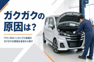整備工場でボンネットを開けて点検中の軽自動車