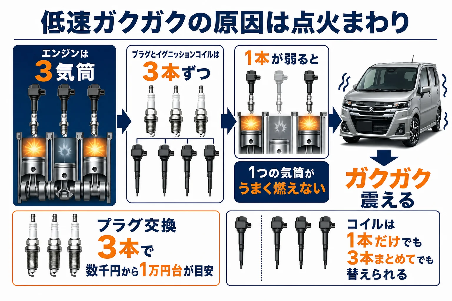 ワゴンRの低速ガクガクの原因になる点火まわりの部品を示した図解
