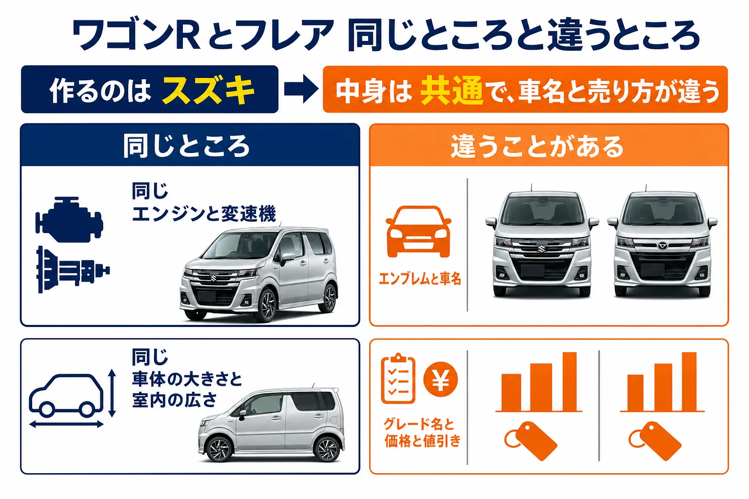 ワゴンRとマツダ フレアで同じところと違うところを示した図解