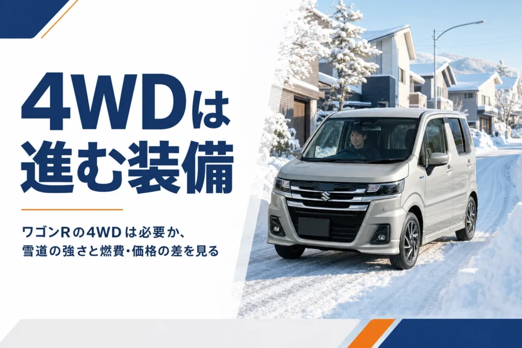 雪の残る住宅街の坂道を登る軽ハイトワゴン