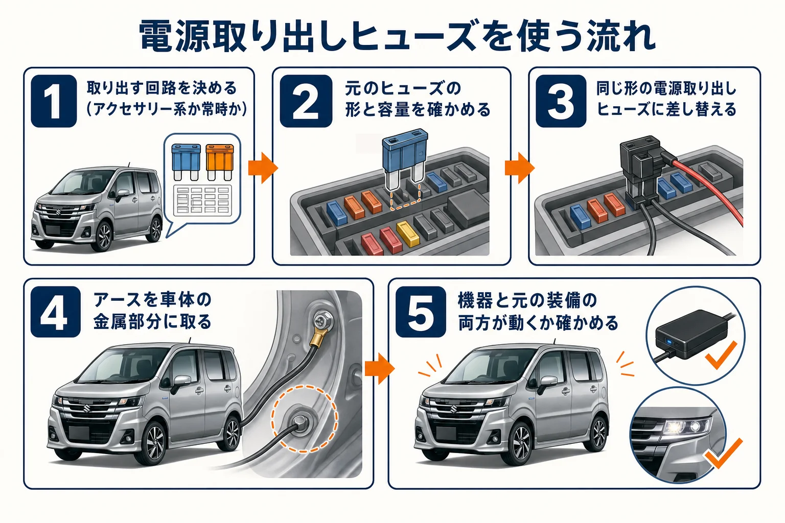 ワゴンRで電源取り出しヒューズを使う流れの図解