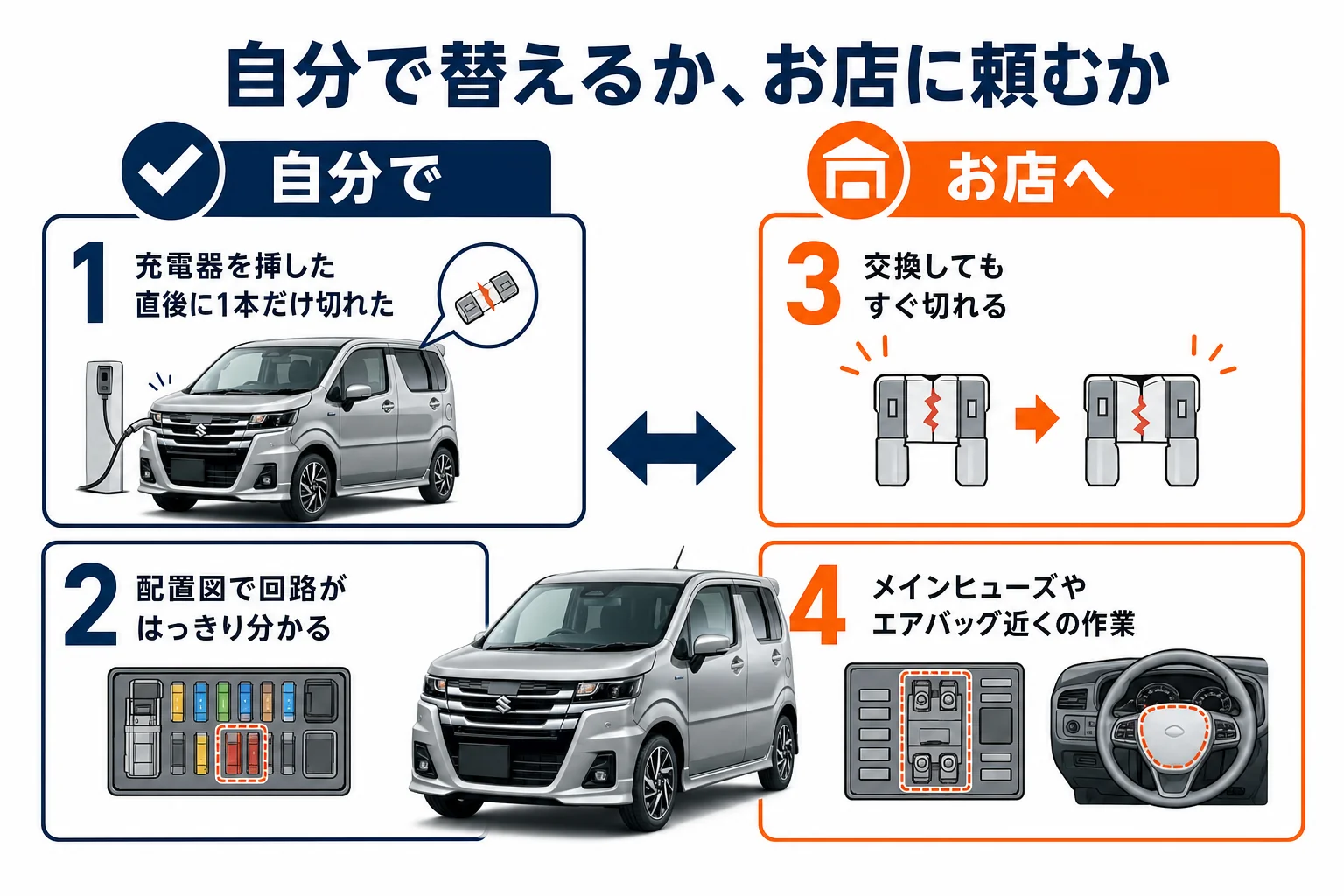 ワゴンRのヒューズを自分で替えるかお店に頼むかの判断図解