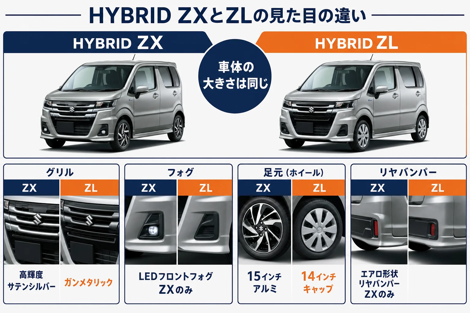 ワゴンRのHYBRID ZXとZLの見た目の違いを並べた図解