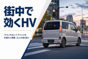 市街地の交差点で信号待ちから発進する軽ハイトワゴン
