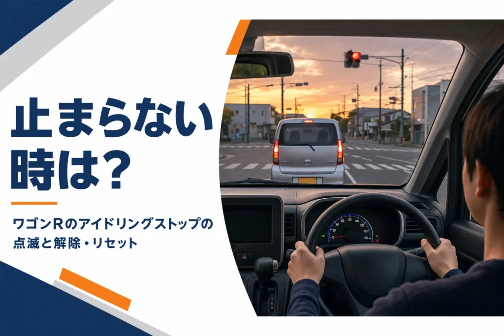 信号待ちをする軽自動車の運転席から見たメーターと赤信号