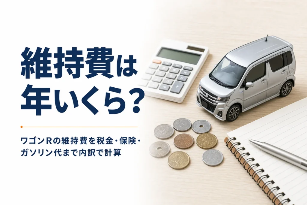 軽自動車のミニカーと電卓で維持費を計算するイメージ