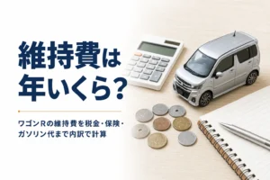 軽自動車のミニカーと電卓で維持費を計算するイメージ