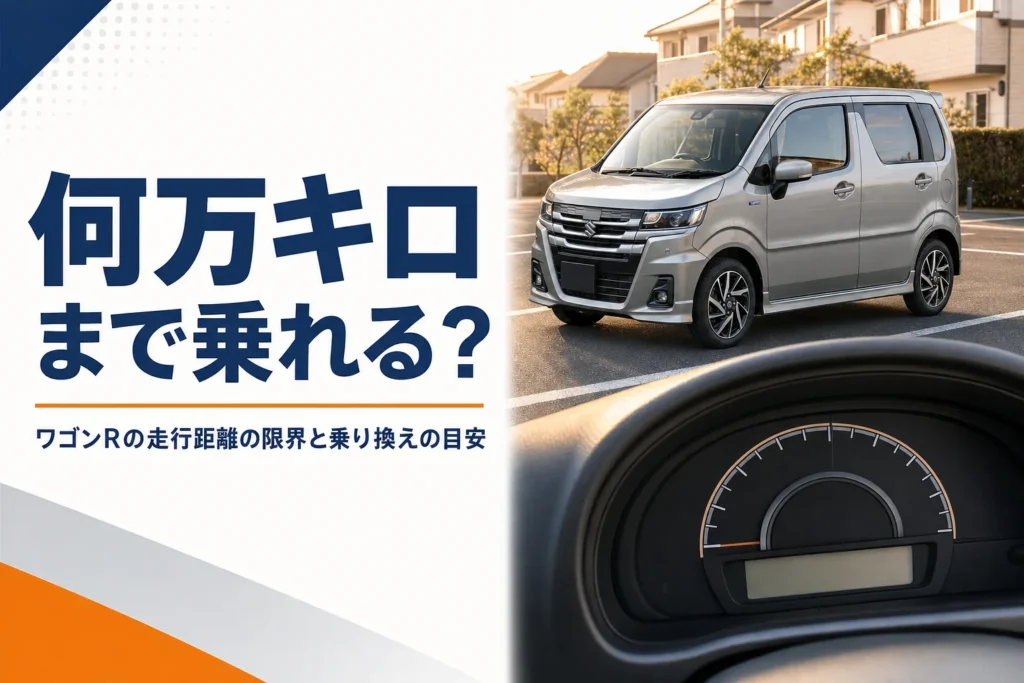 駐車場に止まる軽ハイトワゴンと走行距離が表示されたメーター