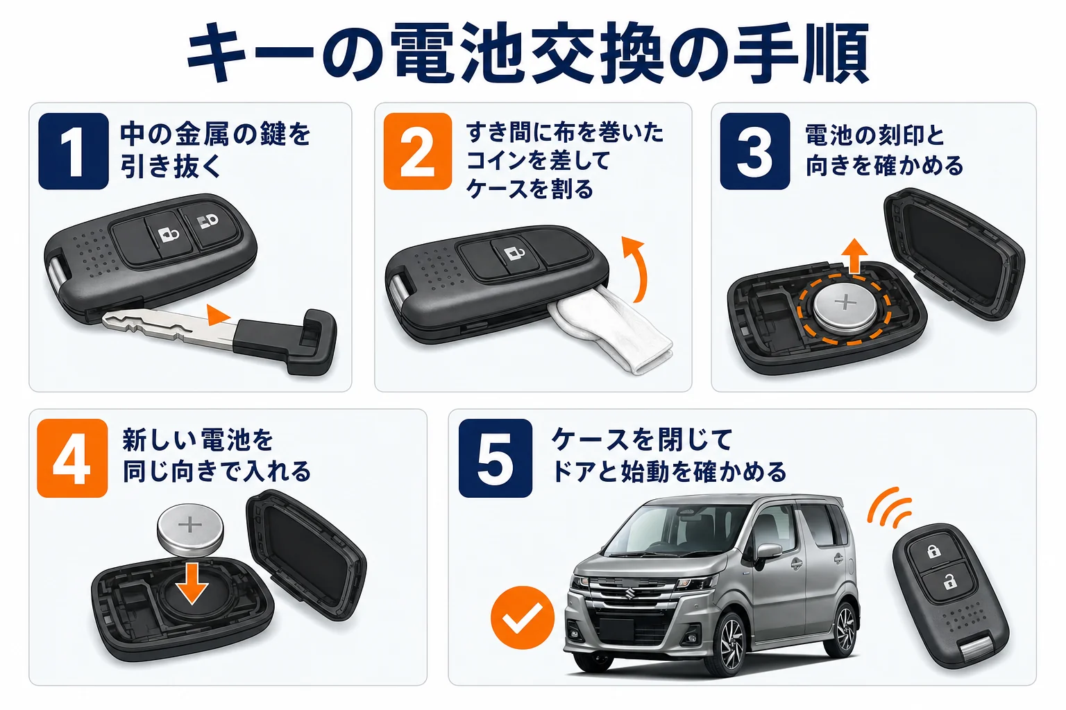 ワゴンRのキーの電池交換の手順を並べた図解