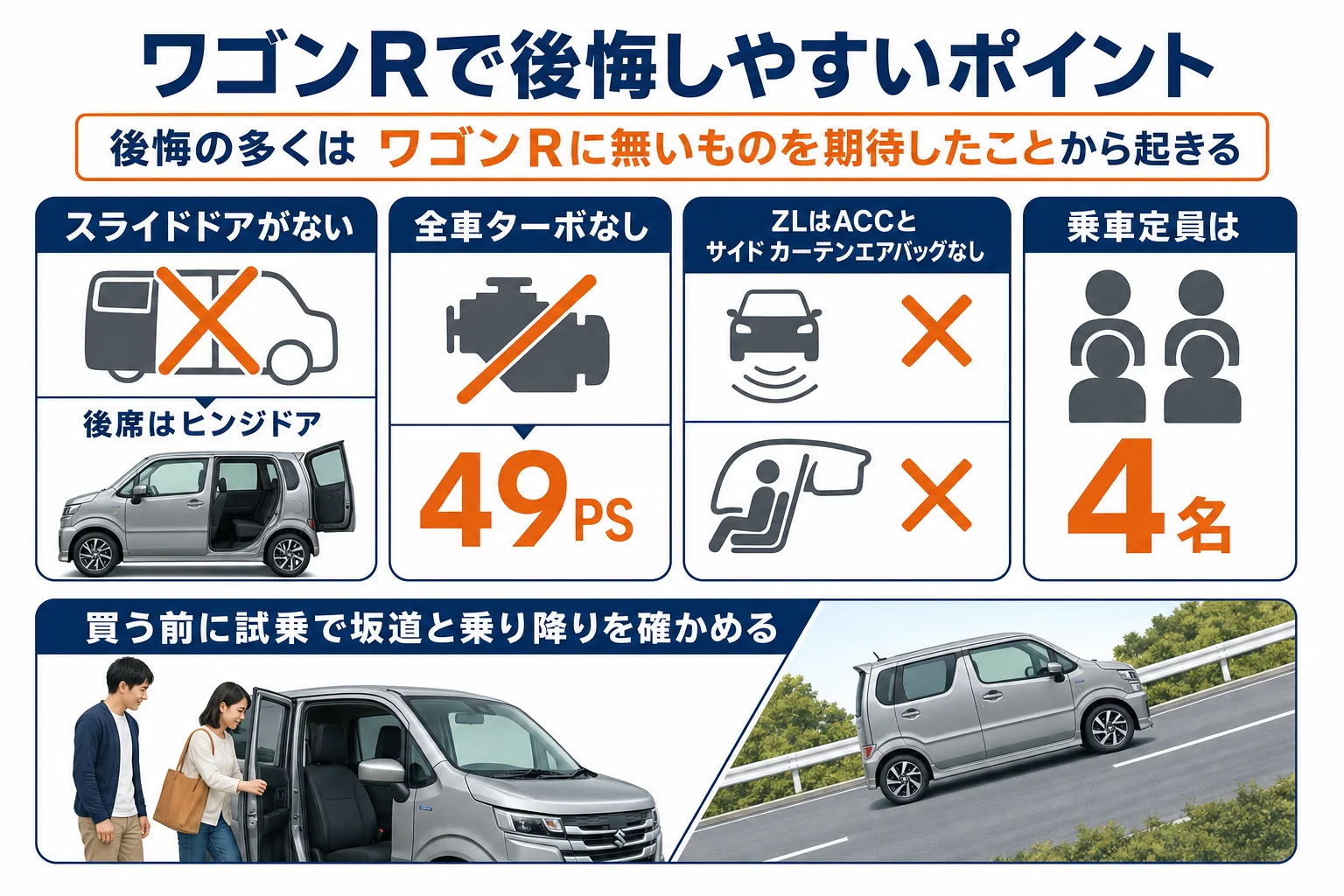 ワゴンRで後悔しやすいポイントと買う前の確かめ方を並べた図解