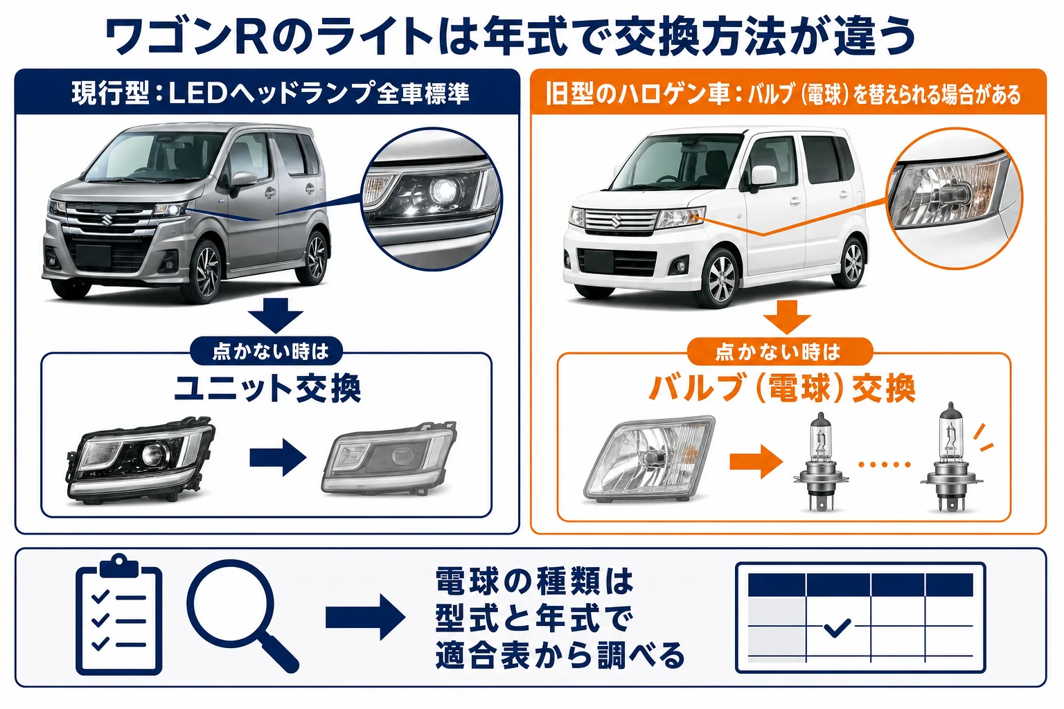 ワゴンRのライトの種類と交換の考え方をまとめた図解