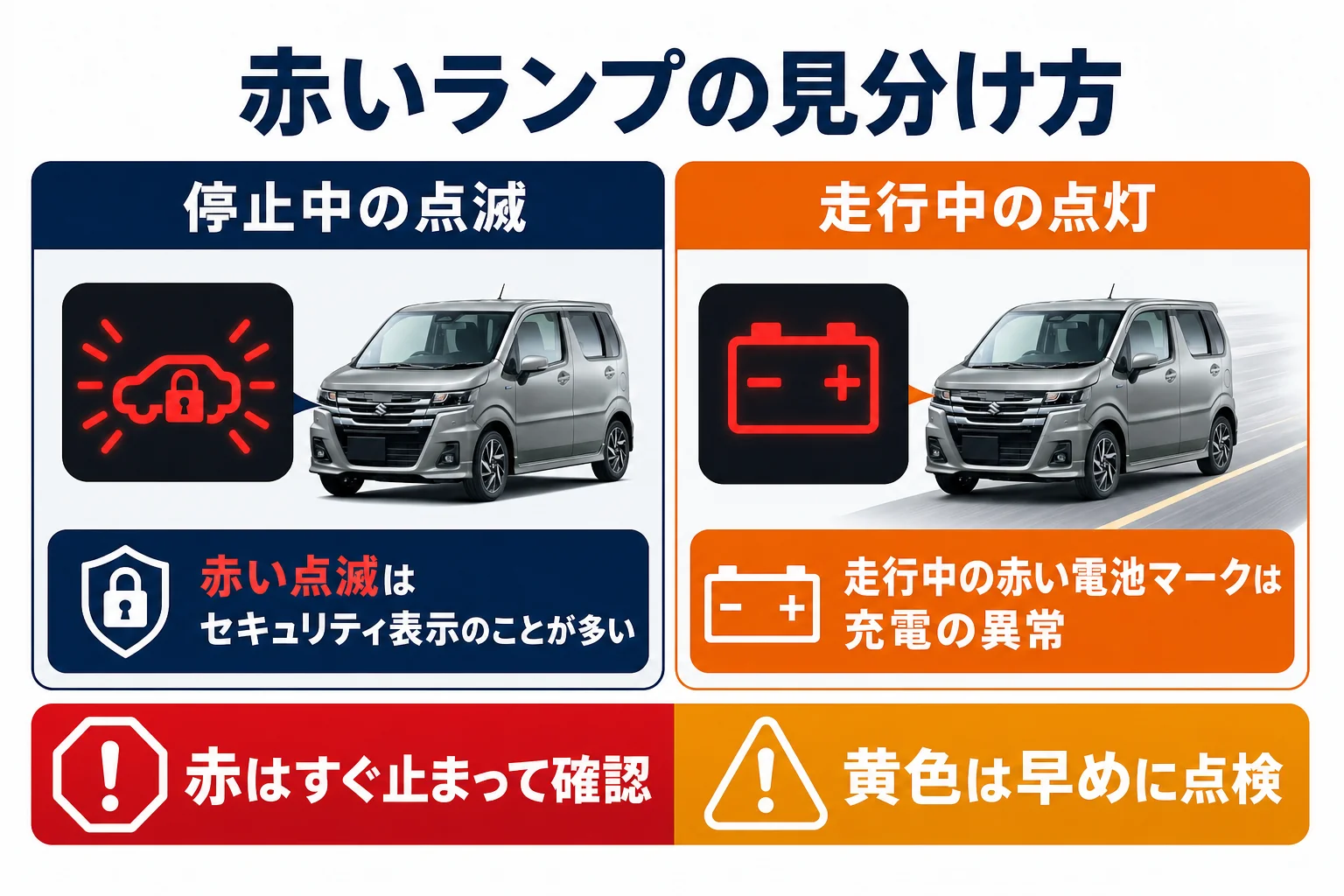 ワゴンRのメーターで赤いランプが点いた時の見分け方をまとめた図解