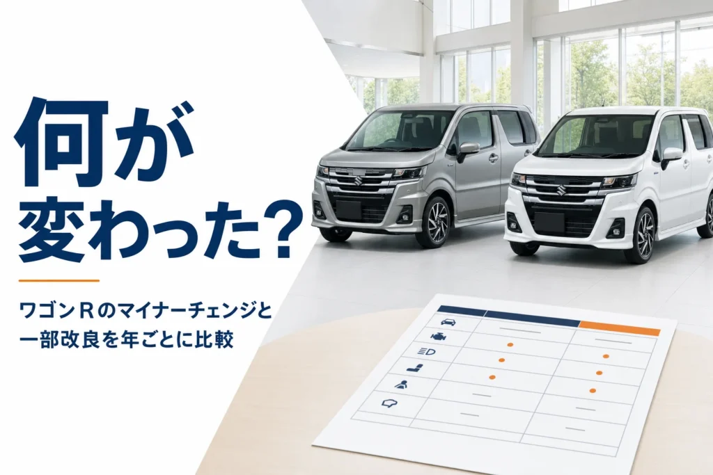 ショールームに並ぶ2台の軽ハイトワゴンと手前の装備表