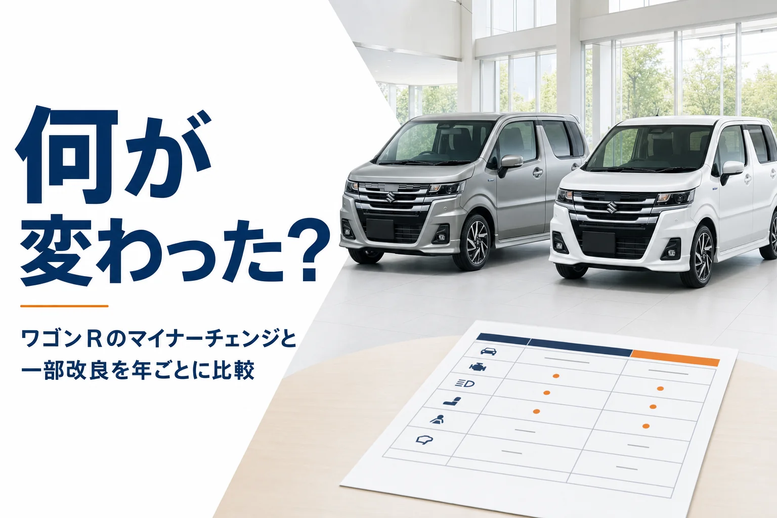 ショールームに並ぶ2台の軽ハイトワゴンと手前の装備表