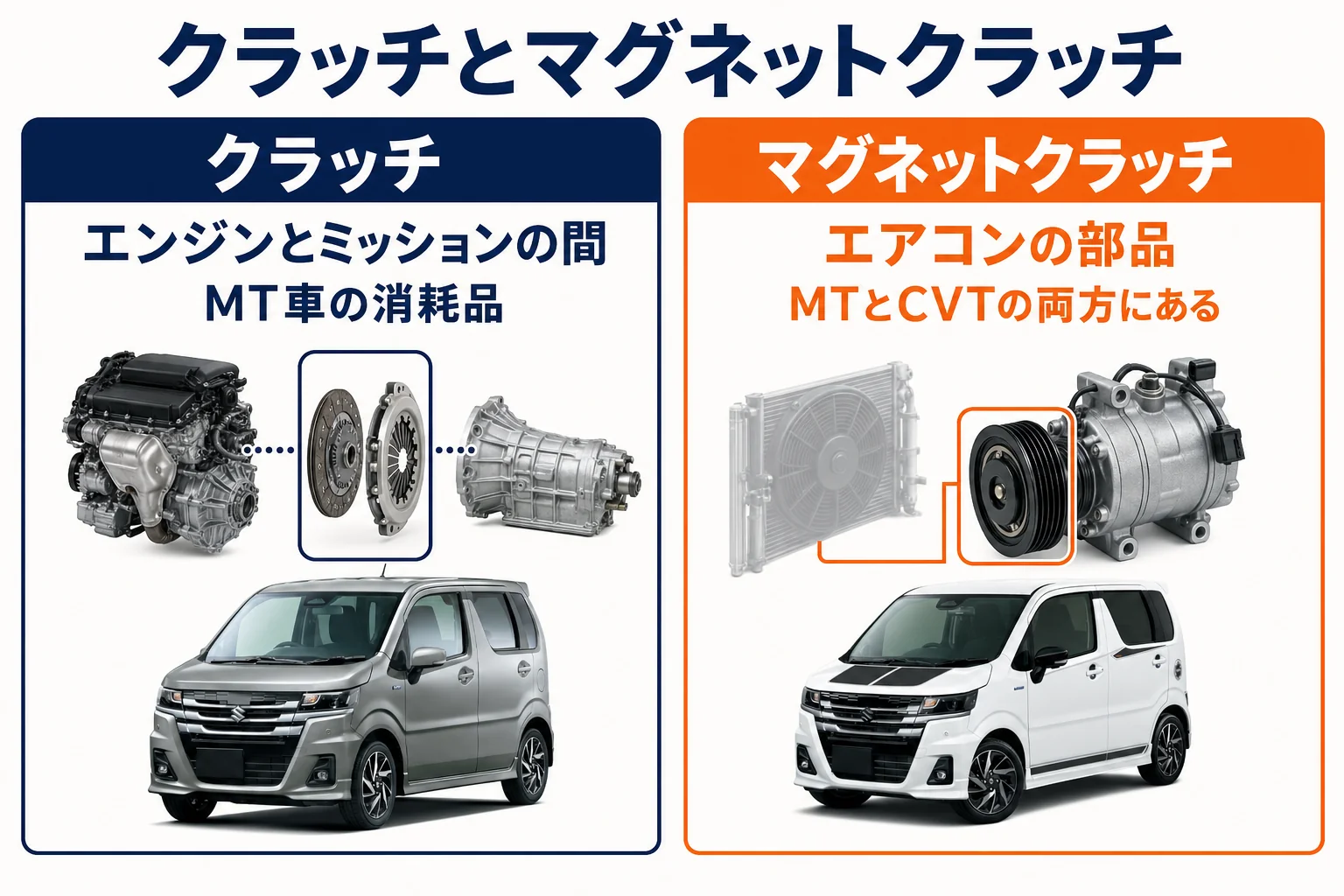MTのクラッチとエアコンのマグネットクラッチの違いを示した図解