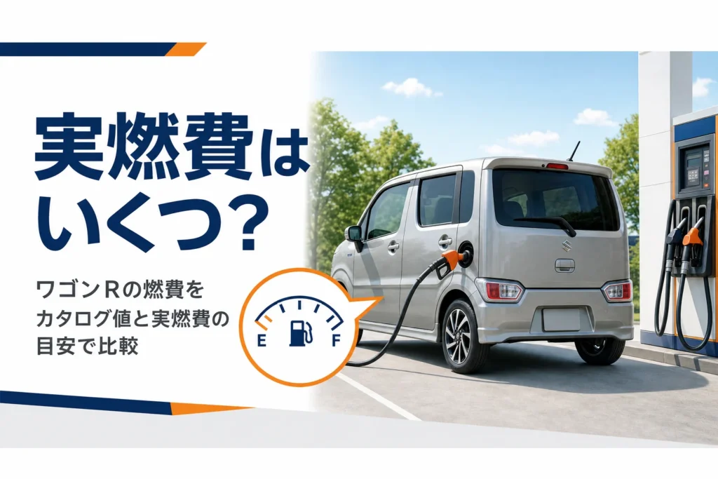 ガソリンスタンドで給油中の軽ハイトワゴンと燃費のイメージ