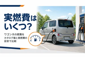 ガソリンスタンドで給油中の軽ハイトワゴンと燃費のイメージ