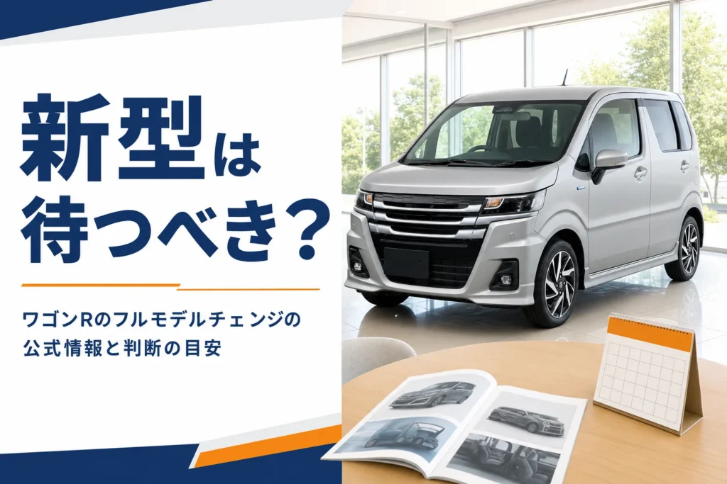 ショールームの軽ハイトワゴンと、テーブルに置かれたカタログとカレンダー