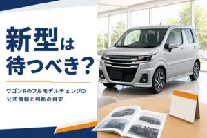 ショールームの軽ハイトワゴンと、テーブルに置かれたカタログとカレンダー