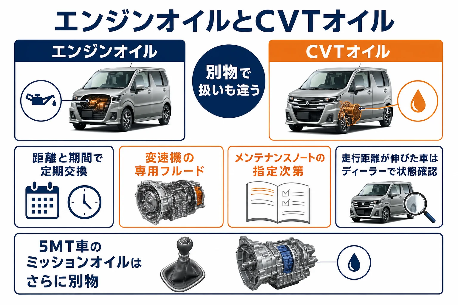 ワゴンRのエンジンオイルとCVTオイルの違いを比べた図解