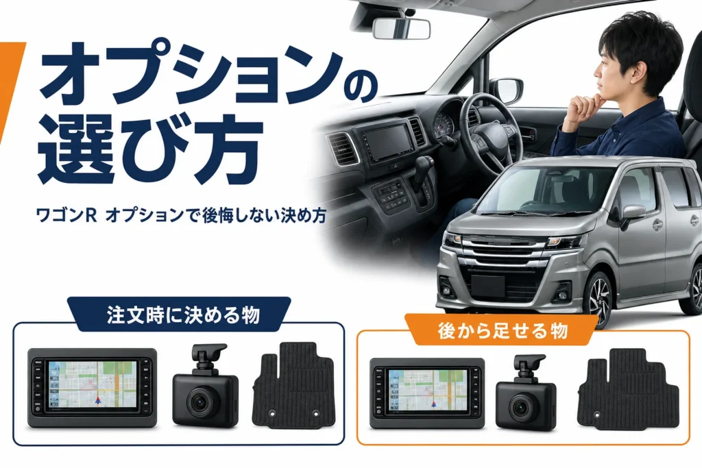 軽ハイトワゴンとナビやマットなどのオプションのイメージ