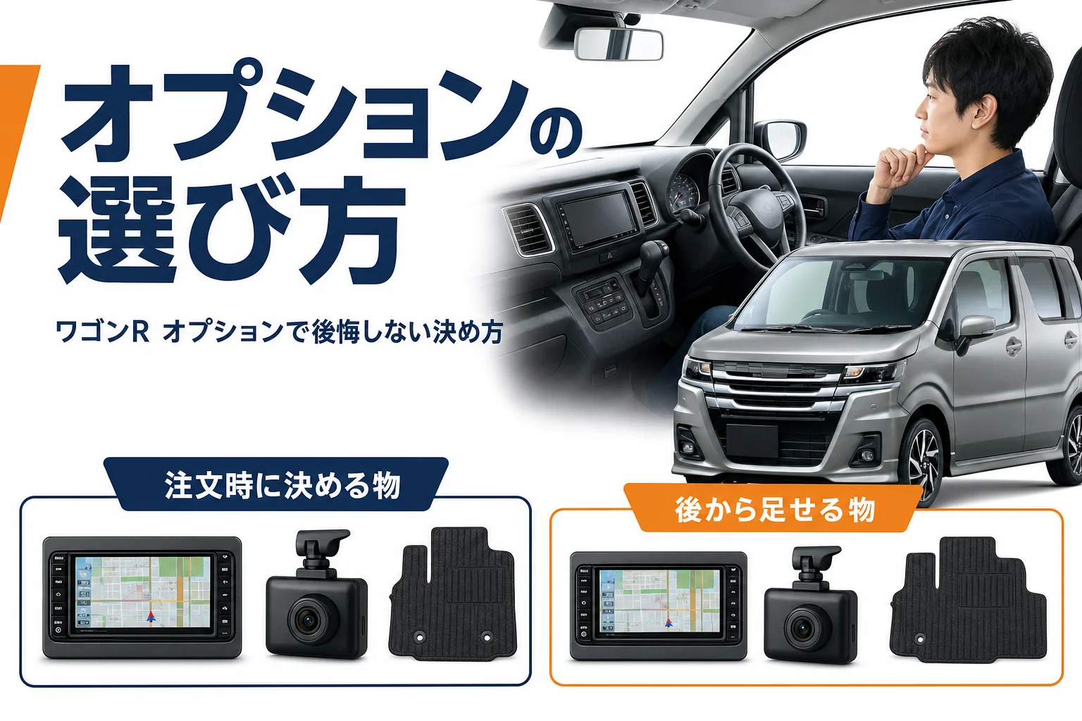 軽ハイトワゴンとナビやマットなどのオプションのイメージ