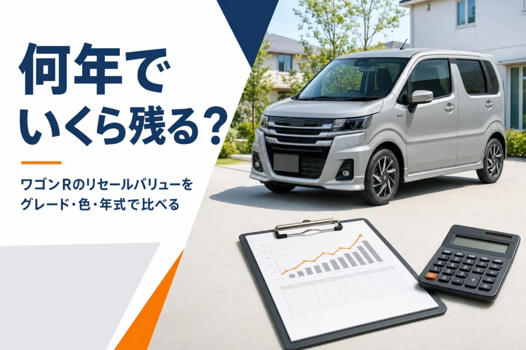 駐車場に止まる軽ハイトワゴンと査定書類