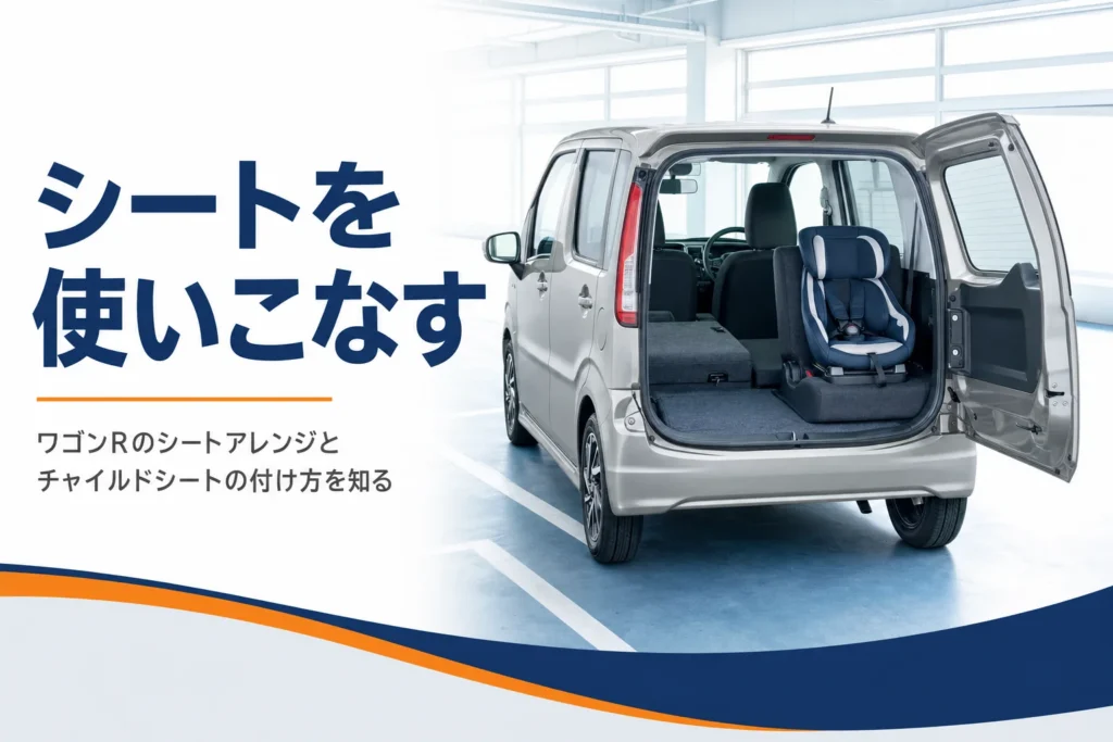 後席の片側を倒し、もう片側にチャイルドシートを付けた軽ハイトワゴンの車内