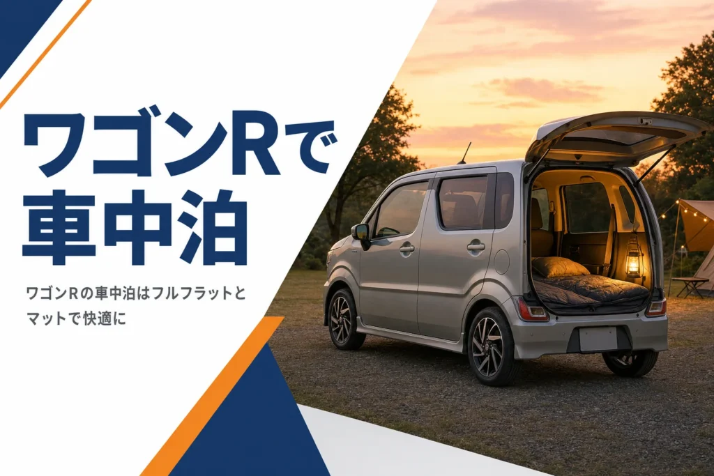 キャンプ場に止めた軽ハイトワゴンの車内にマットと寝袋を敷いた車中泊のイメージ