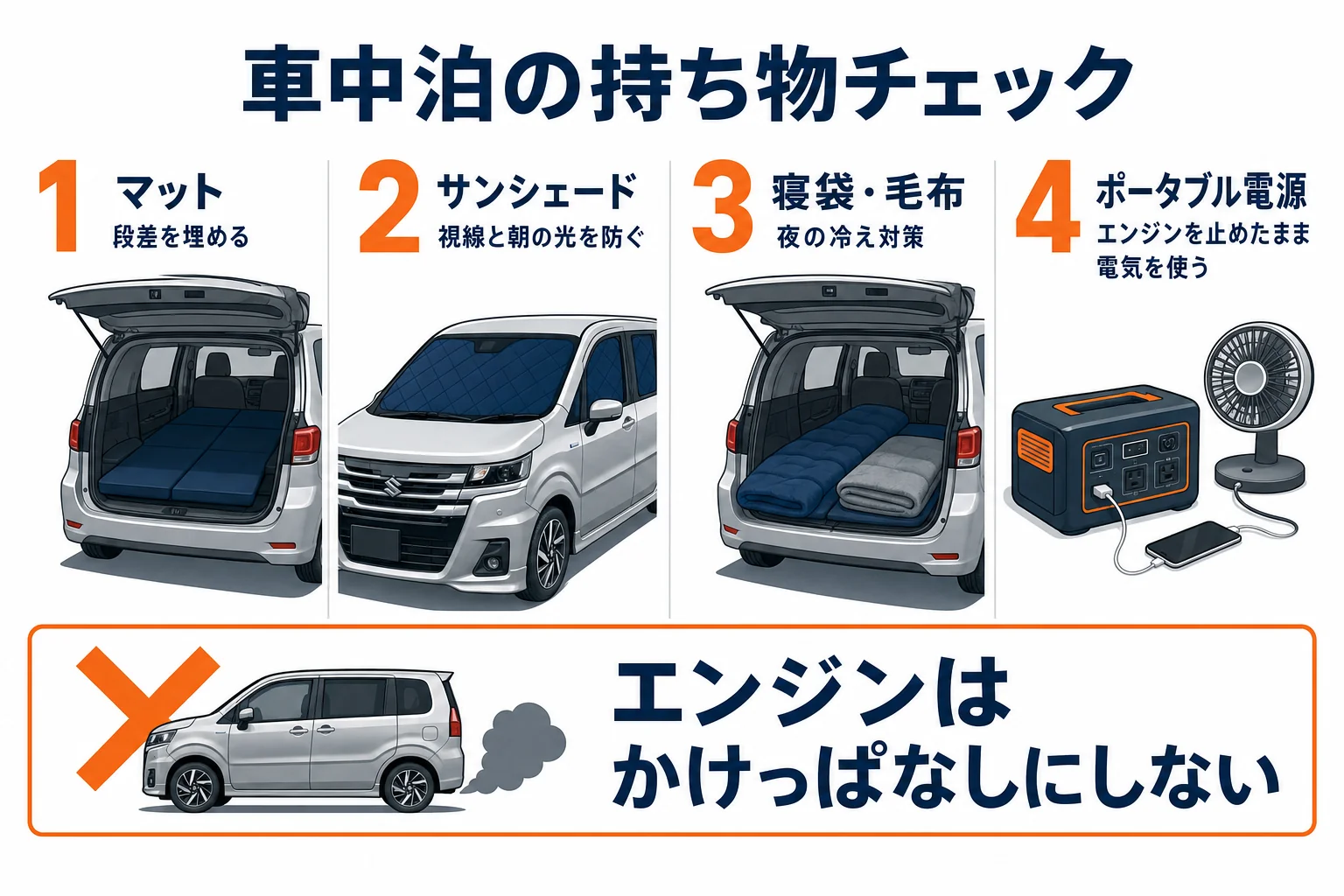 ワゴンRで車中泊をする時に用意したい持ち物をまとめた図解