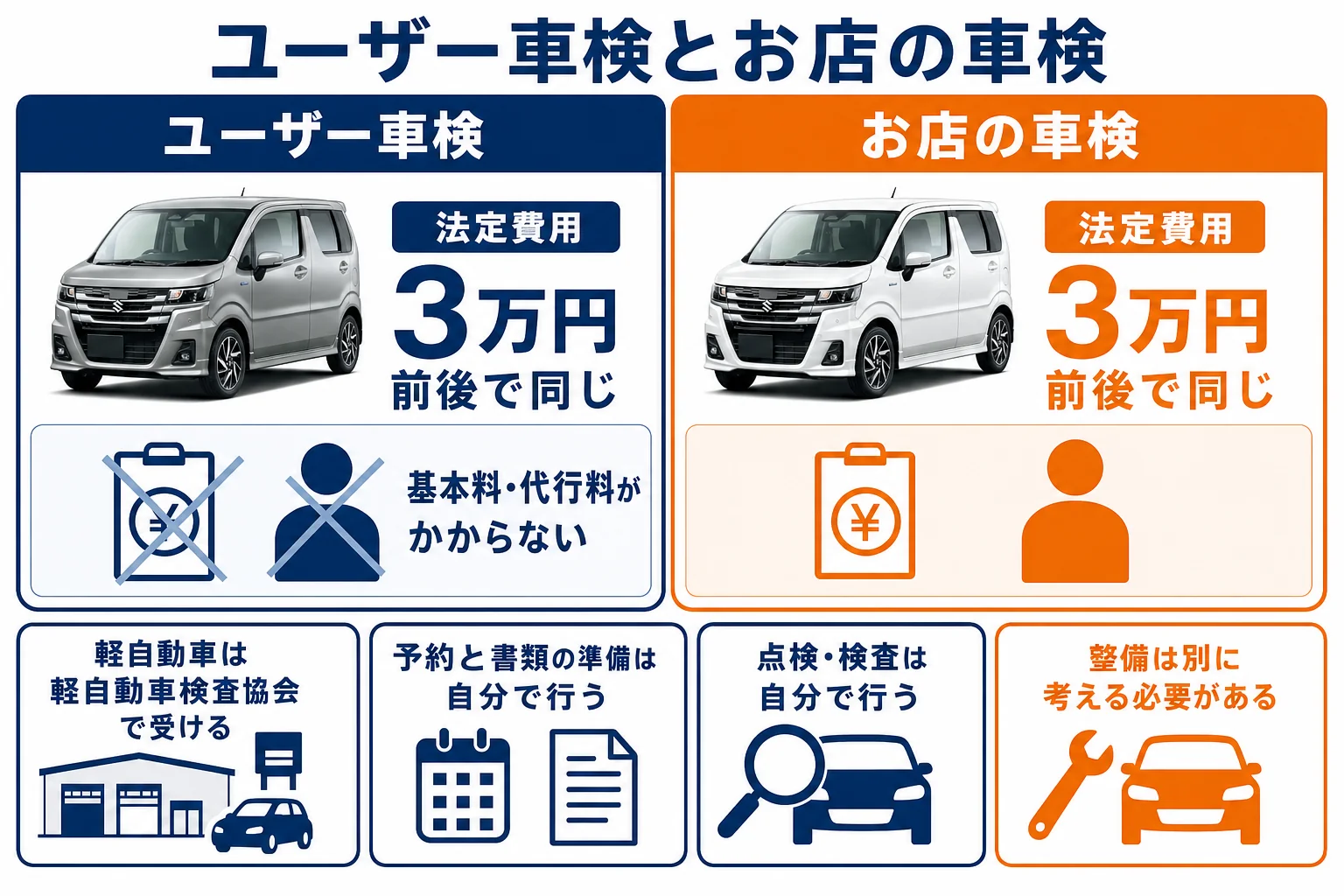 ワゴンRのユーザー車検とお店に頼む車検の違いを比べた図解