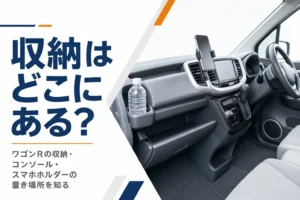 軽ハイトワゴンの運転席まわりの収納とスマホホルダー