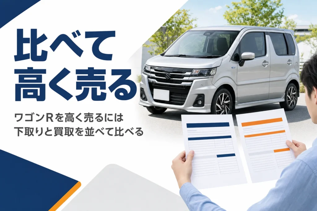 軽ハイトワゴンの横で2枚の見積書を見比べる手元