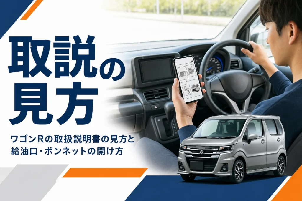 スマホで取扱説明書を見ながら軽自動車の運転席を確かめる様子