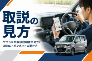 スマホで取扱説明書を見ながら軽自動車の運転席を確かめる様子