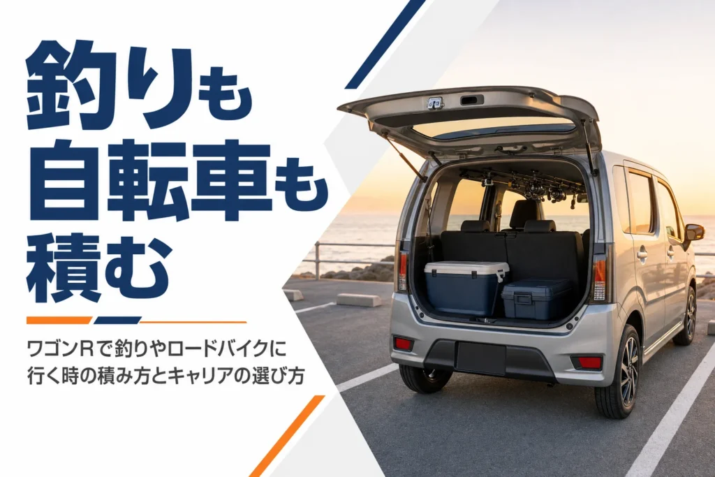 海沿いの駐車場で釣り道具を積んだ軽ハイトワゴンの荷室