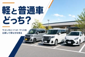 駐車場に並んだ軽自動車とコンパクトな普通車