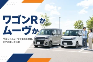 駐車場に並ぶスライドドアと横開きドアの軽ハイトワゴン2台
