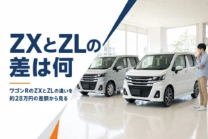 ショールームに並ぶホイールの違う2台の軽ハイトワゴン